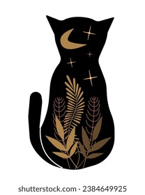 Modern vector illustration Silhouette of a cat with plants moon and stars isolated on white background