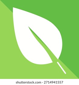 Ilustración vectorial moderna de un simple ícono de hoja blanca con una sombra sutil sobre un fondo verde vibrante, que simboliza la naturaleza, el crecimiento y los conceptos ecológicos.
