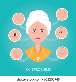 Modern vector illustration of skin problems. Dark dots, acne. Face care. Facial treatments