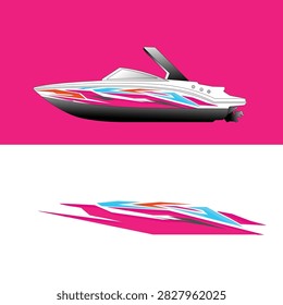 Modern vector illustration of a sleek high-speed jet boat featuring a sporty white and black hull with vibrant pink, cyan, and orange geometric graphics.