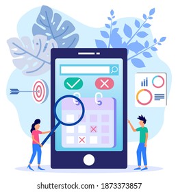 Ilustración vectorial moderna. los personajes de las pequeñas empresas crean horarios en línea en tablets. diseño gráfico programando tareas de negocio para la semana.