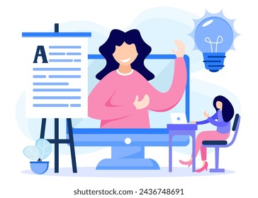 Modern vector illustration. The smart character with a stack of books and using his laptop. E-learning, webinar, online video training, distance education concept.