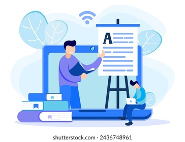 Modern vector illustration. The smart character with a stack of books and using his laptop. E-learning, webinar, online video training, distance education concept.