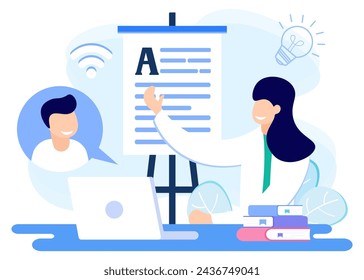 Modern vector illustration. The smart character with a stack of books and using his laptop. E-learning, webinar, online video training, distance education concept.
