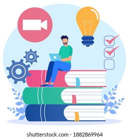 Modern vector illustration. The smart young man sat on a pile of books and used his laptop. E-learning, webinars, online video training, distance education concepts.