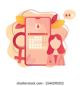 Modern vector illustration of smartphone with menstruation cycle calendar. 
Feminine hygiene products. Menstrual protection. Date of menstruation cycle in the online calendar.