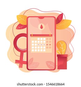 Modern vector illustration of smartphone with menstruation cycle calendar. 
Feminine hygiene products. Menstrual protection. Date of menstruation cycle in the online calendar. Planner and watch