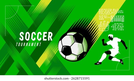 Modern vector illustration of a soccer player and ball with high-energy motion lines. Abstract design for a football tournament promotion with green tones, dynamic layout, and stadium icons