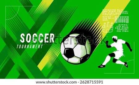 Modern vector illustration of a soccer player and ball with high-energy motion lines. Abstract design for a football tournament promotion with green tones, dynamic layout, and stadium icons