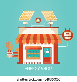Modern vector illustration of solar plant, energy shop, manufacturing of energy