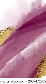 Modern, vector illustration with splashes, smoke, foil. Watercolor, abstract background, hand-drawn texture of magenta and gold paint with sparkles.