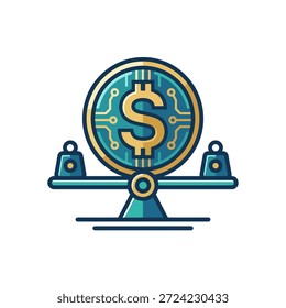 ilustração vetorial moderna de um conceito de stablecoin apresentando uma moeda de ouro em dólar equilibrada numa escala de peso simbolizando a estabilidade financeira e a paridade de valor no mercado digital de criptomoedas