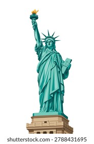 Modern vector illustration of the Statue of Liberty standing tall on its pedestal against a clean light background. The iconic green copper monument holds the flaming torch high while carrying the tablet inscribed with the date of American independence. Detailed shading, elegant folds, and bold outlines create a stylish artistic look, symbolizing freedom, democracy, hope, and the spirit of the United States. Perfect for travel, history, tourism, patriotic, and landmark-themed designs.