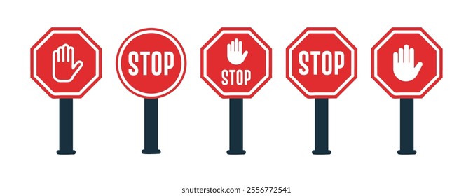 Modern vector illustration of stop sign symbols, including a collection of stop sign icons on a white background, featuring bold red and white designs in various styles.