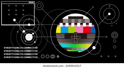 Modern vector illustration styled in a minimalist tech design, themed around connectivity. Features a central TV test pattern in vibrant colors (yellow, blue, red, green), white geometric circles.