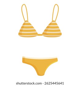 Ilustración vectorial moderna de un elegante y moderno traje de baño de bikini de dos piezas a rayas amarillas para mujeres, perfecto para la moda de verano, ropa de playa y actividades de ocio