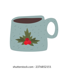 Modern vector illustration. Stylized Christmas mug with holly isolated on white background. Cozy element for design.