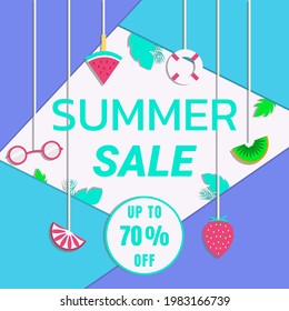 Modern vector illustration of the summer sale for banners, covers, websites and advertising materials.
Abstract design with fruit and beach elements.Big discounts of up to 70 percent.