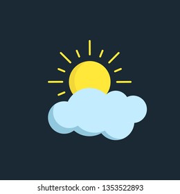 Modern vector illustration of the sun and cloud. Flat forecast icon of a cloudy weather. Meteorological symbol isolated on dark background.