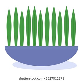 Modern vector illustration of tall, slim green leaves in a wide blue pot, great for minimalist and nature-themed designs.