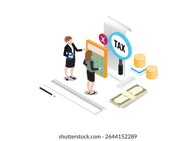 modern vector illustration. Tax form Paper tax document on laptop background Can be used for web banners, infographics. Isometric 
