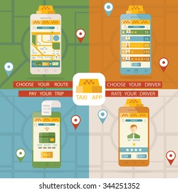 Modern vector illustration of taxi application, online taxi service
