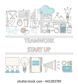 Modern vector illustration of teamwork. Start up equipments.