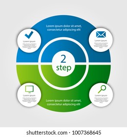 Modern vector illustration. Template of infographics with two elements of sectors and circles. Contains icons and text. Designed for business, presentations, web design, diagrams with 2 steps