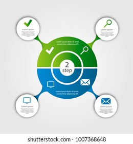 Modern vector illustration. Template of infographics with two elements of sectors and circles. Contains icons and text. Designed for business, presentations, web design, diagrams with 2 steps.