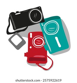 A modern vector illustration of three digital cameras in a flat design style. The cameras are depicted in bold colors—black, red, and teal—against a white background with soft gray shadows