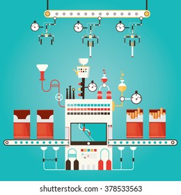 Modern vector illustration of tobacco factory, industry of tobacco, cigarettes manufacturing