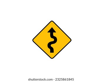 Modern vector illustration of traffic sign about winding road directions in isolated yellow and black style