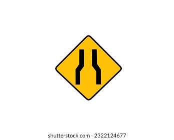 Modern vector illustration of traffic signs about a road narrowing ahead with yellow and black style isolated