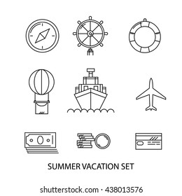 Modern vector illustration of Travel and vacation vector icons set in thin line