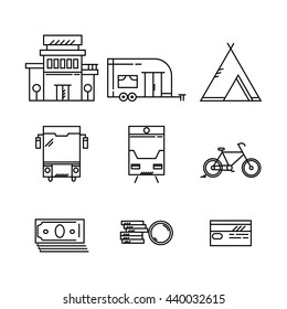 Modern vector illustration of Travel and vacation vector icons set in thin line