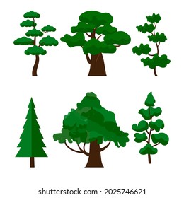 modern vector illustration, tree set, 6 kinds of trees, colored on white background