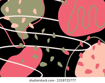 Modern vector illustration, trendybackground with abstract elements and dynamic shapes. Compositions of colored spots on black background. Template for design and creative ideas.
