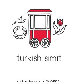 Modern vector illustration of turkish traditional cart with simit bagels, seagulls and tulip. Hand drawn doodle elements for label, logo, badge or card design for bakery, cafe or street food vendor.