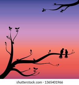 Modern vector illustration of two birds sitting on a tree branch and a beautiful morning sky in the background. Vector gradient. Vector background and wallpaper.