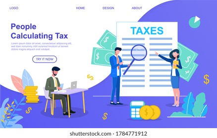 Modern vector illustration of two businessmen and businesswoman in glasses calculating taxes with big tax document on a background. Financial concept.