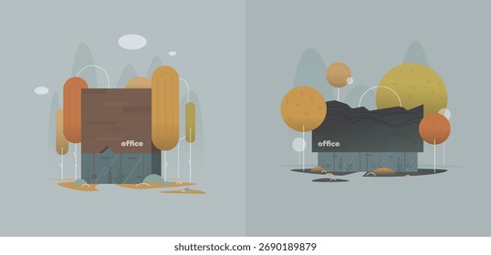 Modern vector illustration of two contemporary office buildings with minimalist trees and abstract details, symbolizing architecture, business design, and real estate concepts.
