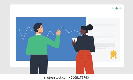 Una Ilustración vectorial moderna de dos profesionales diversos
 revisar una tabla de crecimiento en una interfaz digital. El hombre señala 
Conoce las tendencias mientras la mujer toma notas.