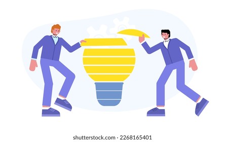Ilustración vectorial moderna de dos personas que combinan el rompecabezas con forma de bombilla. Trabajo en equipo, asociación, concepto de creatividad