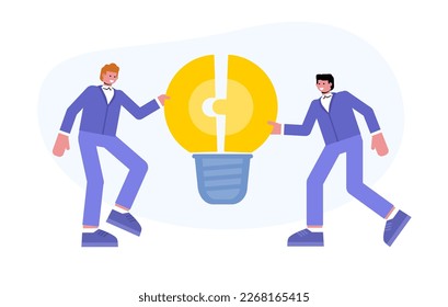 Modern vector illustration of two people combining light bulb shaped puzzle. Teamwork, partnership, creativity concept