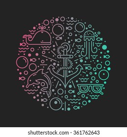 Modern vector illustration of undersea life with different sea creatures and anchor in the middle. Underwater world. Summer adventure illustration.Graphic for diving school, aquarium or ocean cruise. 