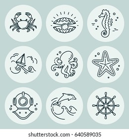 Modern vector illustration of undersea life. Flat icons with sea creatures and symbols. 
