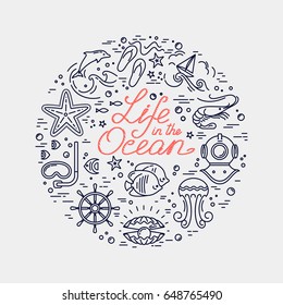 Modern vector illustration of undersea life. Flat icons with sea creatures and symbols.Collection of elements for company logos, business identity, print products, page and web decor or other design.