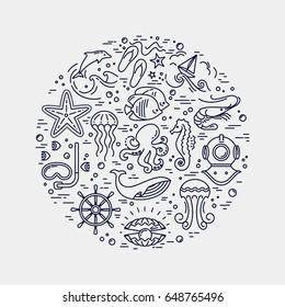 Modern vector illustration of undersea life. Flat icons with sea creatures and symbols.Collection of elements for company logos, business identity, print products, page and web decor or other design.