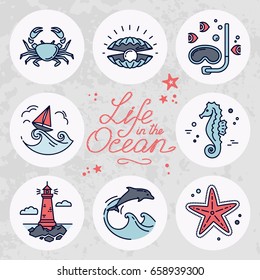 Modern vector illustration of undersea life. Flat icons with sea creatures and symbols.Collection of elements for company logos, business identity, print products, page and web decor or other design.