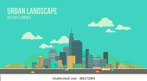 Modern vector illustration of urban landscape. Flat city. Set of buildings. Creative background. Panorama